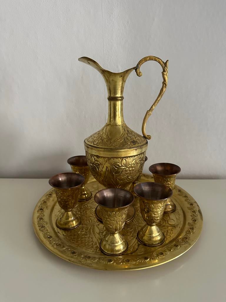 Decoratieve Koperen Set: Dienblad, Karaf en 6 Bekers, Ophalen of Verzenden, Koper