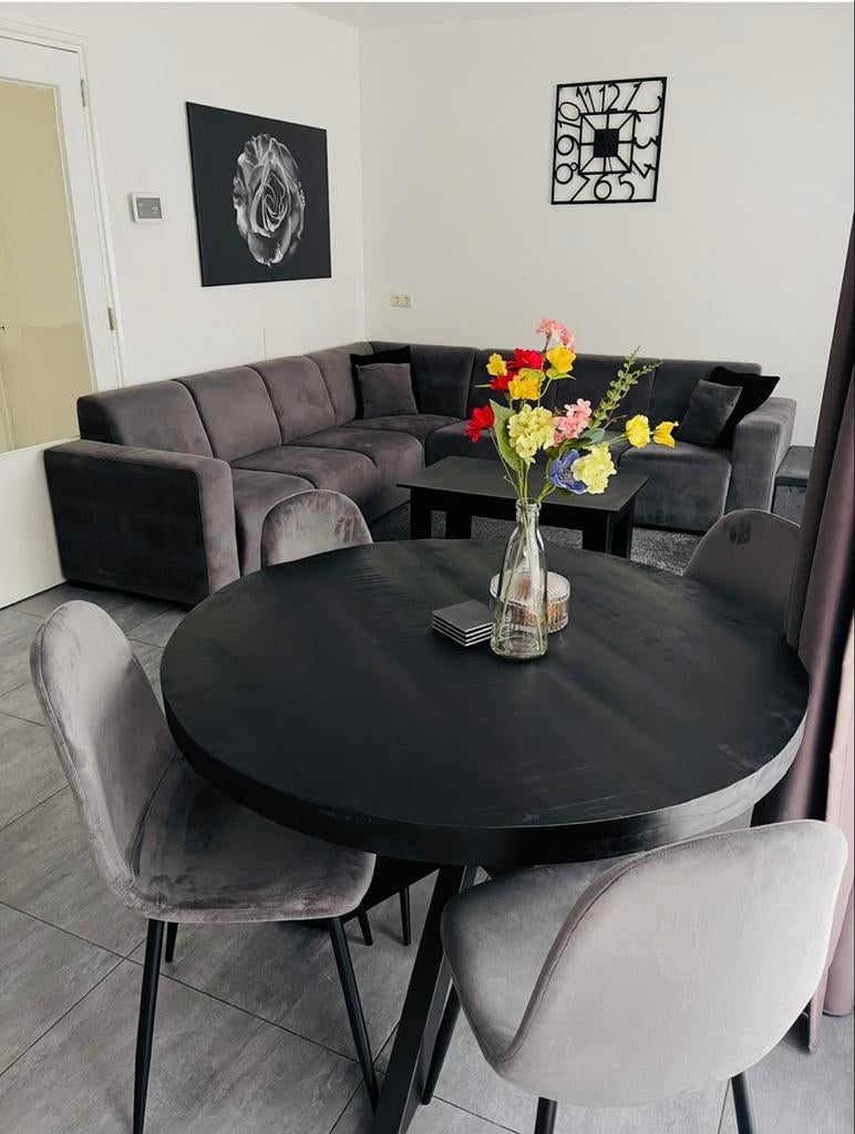 Complete woonkamerset: Hoekbank, eettafel en stoelen, Huis en Inrichting, Ophalen of Verzenden, Zo goed als nieuw, Hout