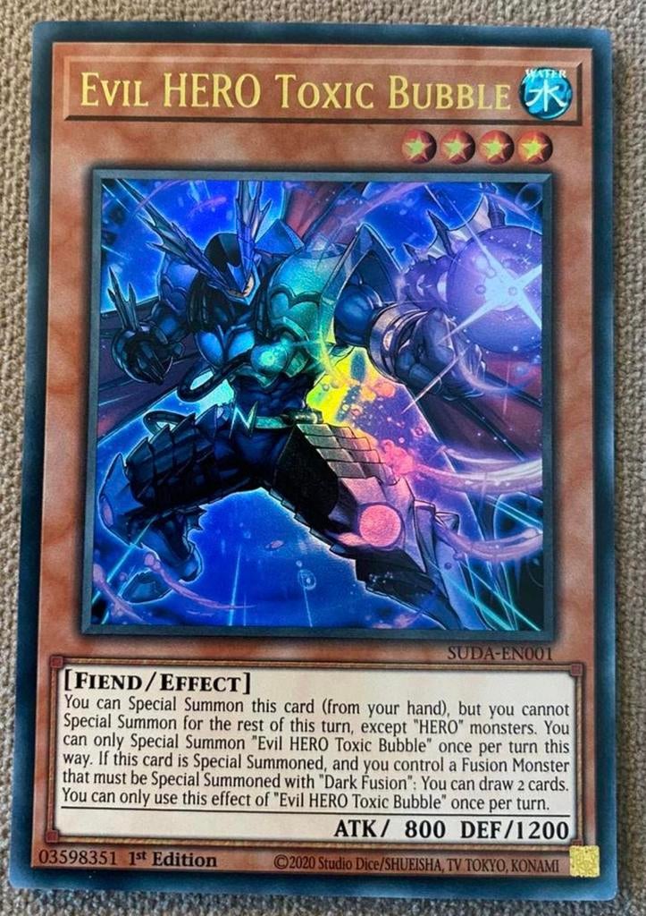 Yu-Gi-Oh! Evil HERO Toxic Bubble SUDA 1st Edition !, Ophalen of Verzenden, Zo goed als nieuw, Losse kaart, Foil