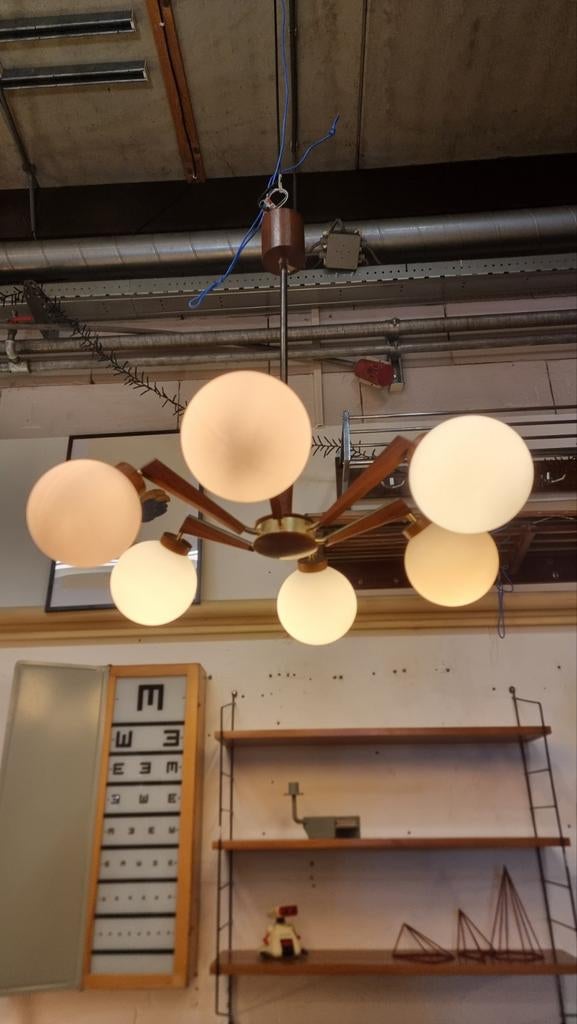 Vintage hanglamp kroonluchter Jaren 50 60, Gebruikt, ,, Ophalen of Verzenden, Glas