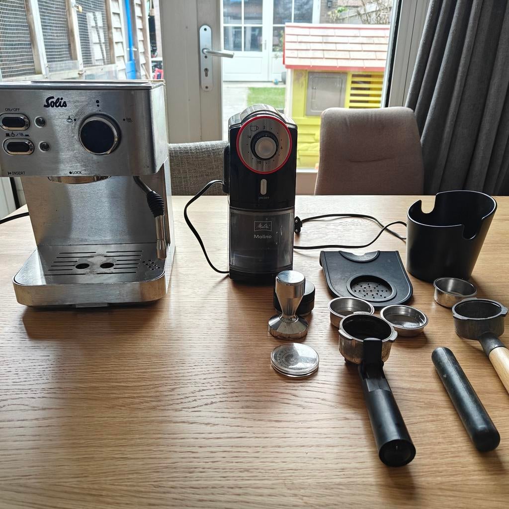 Solis Primaroma 101 met Melitta Molino en accessoires, Gebruikt, Espresso apparaat, Gemalen koffie, Ophalen