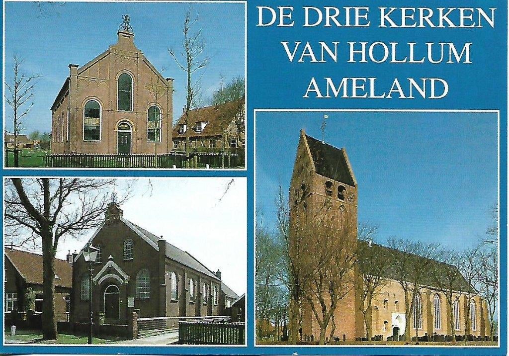 Ameland- -3-luik., de drie kerken van Hollum., Verzenden, 1980 tot heden, Ongelopen, Waddeneilanden