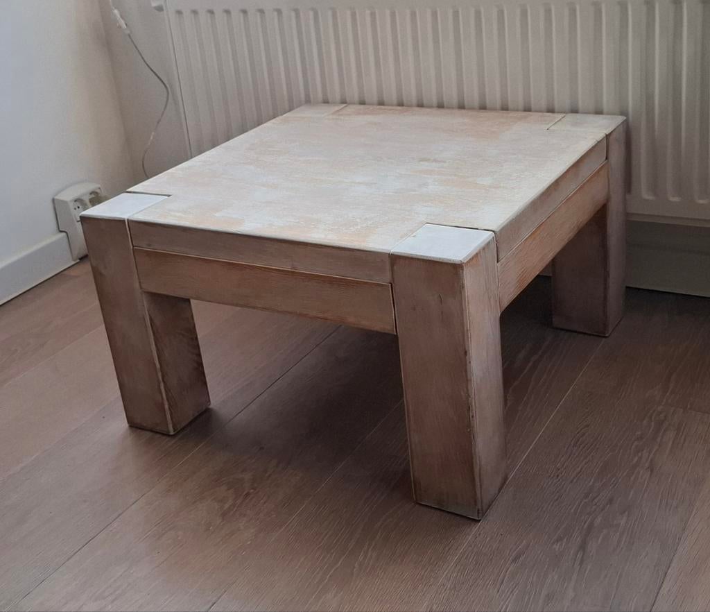 Massief Eiken White Wash Bijzettafel 60x60x35 cm, Minder dan 45 cm, Gebruikt, Vierkant, 55 tot 75 cm