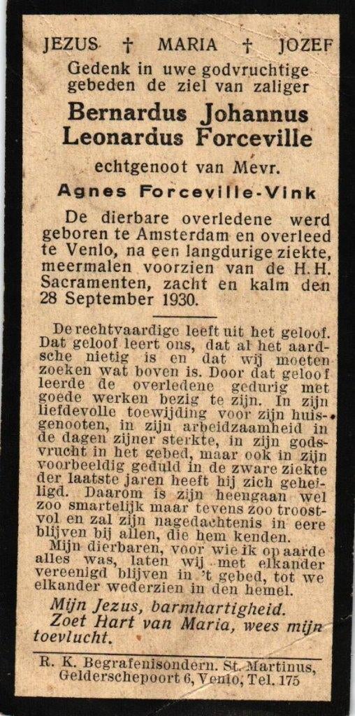 Forceville Bernardus Johannus Leonardus Amsterdam 1930 Venlo, Ophalen of Verzenden