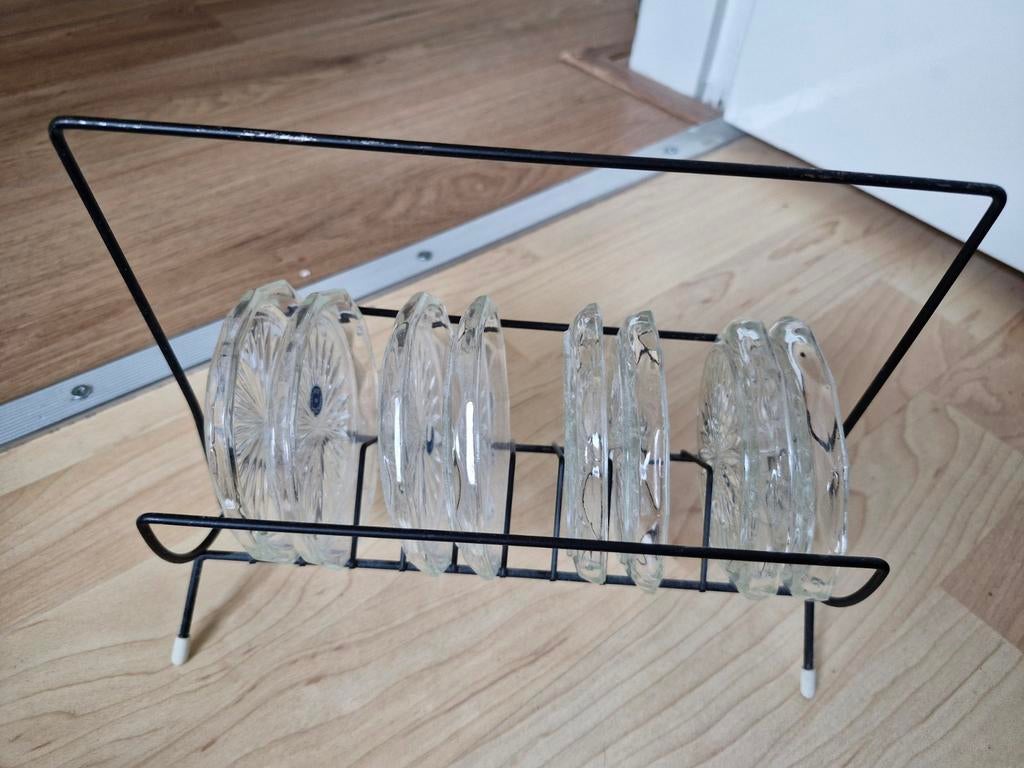 Vintage Glazen Onderzetters met Houder - Made in Czech, Ophalen, Zo goed als nieuw