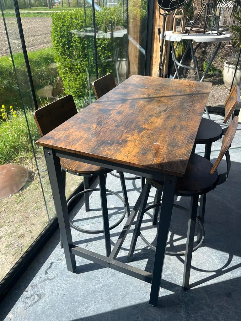 Bartafel met 4 krukken - Industriële stijl, Huis en Inrichting, Tafels | Statafels, Ophalen, Gebruikt
