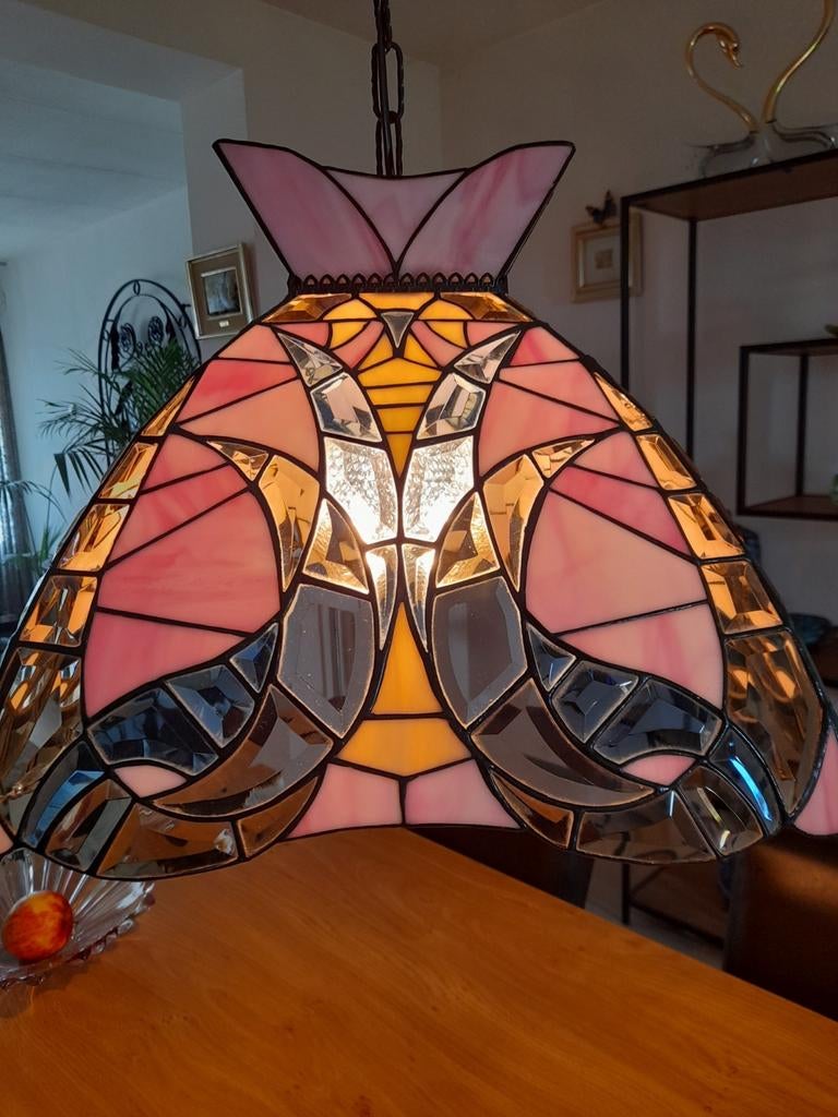Tiffany Hanglamp Roze, IJsblauw & Goud Glas, Ophalen, Gebruikt, Minder dan 50 cm, Glas