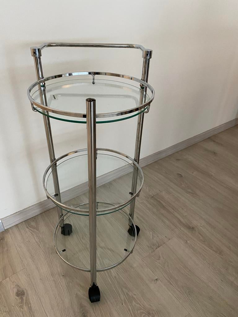 Glazen trolley op wieltjes, Ophalen, Gebruikt, Zilver, Glas