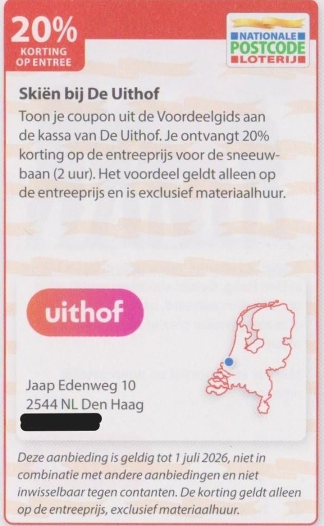 Skiën bij De Uithof. 20% korting Postcodeloterij kortingsbon, Eén persoon, Kortingskaart