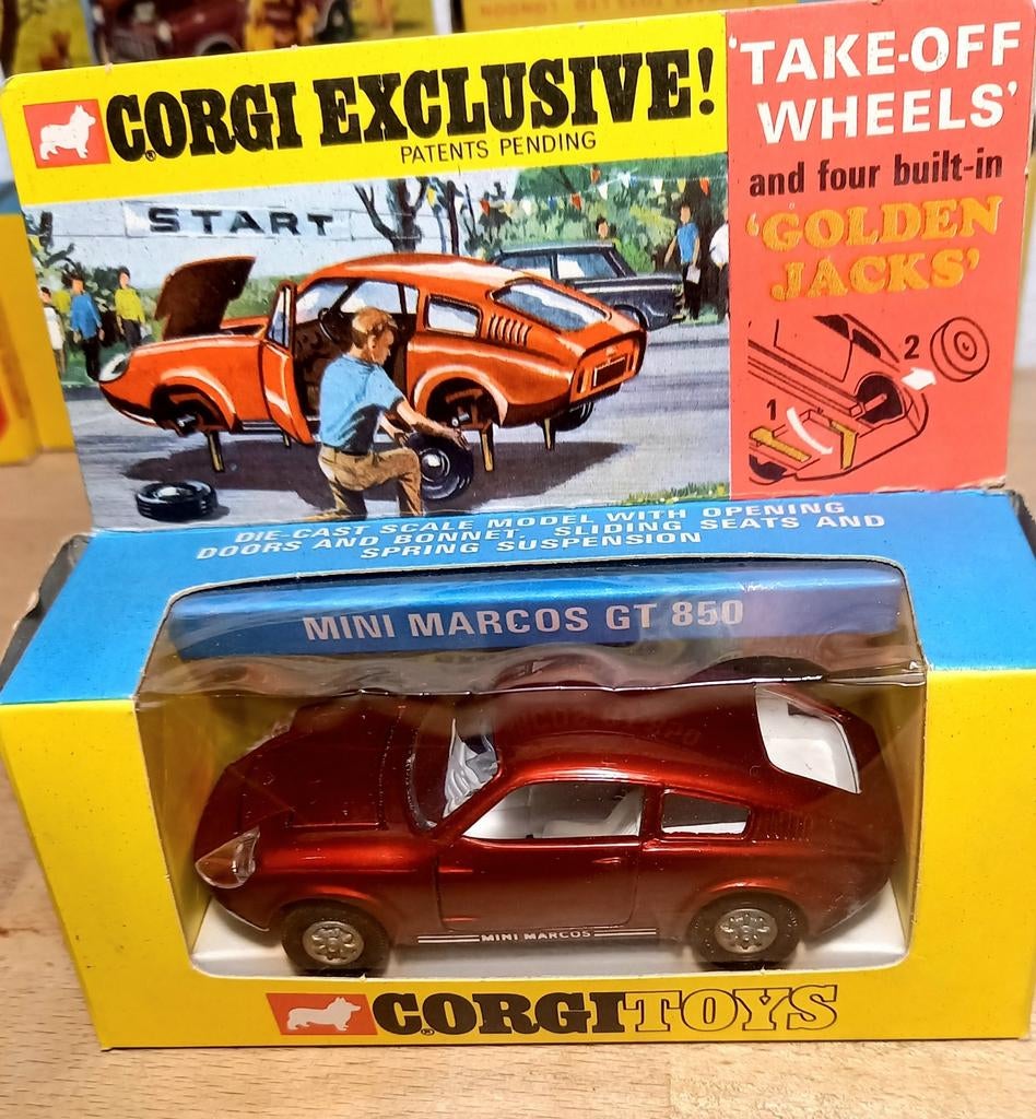 Corgi Toys, GB, #341, Mini Marcos GT 850, exc/boxed, Hobby en Vrije tijd, Modelauto's | 1:43, Ophalen of Verzenden, Zo goed als nieuw