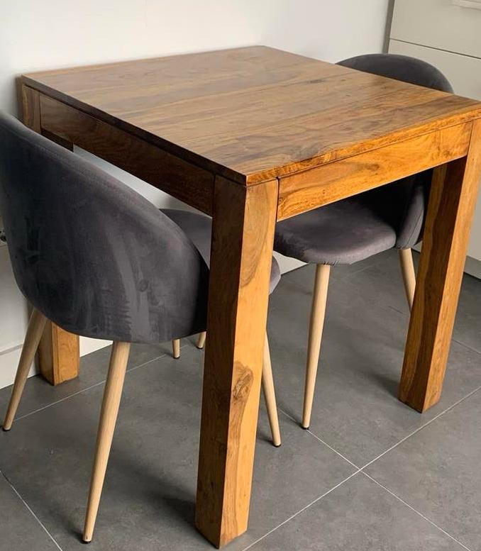 Sheesham houten bistrotafel + 2 stoelen, Gebruikt, 50 tot 100 cm, Vierkant, Tot twee personen