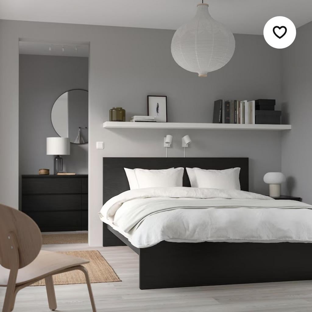 Compleet Ikea Malm bed zwart,lattenbodem,goed matras 140x200, Wit, Tweepersoons, Zo goed als nieuw, Hout