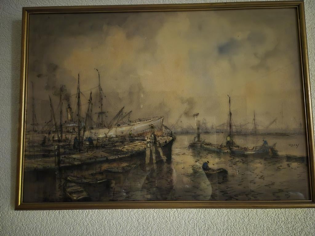 ORIGINEEL schilderij van WIM BOS. HAVEN GEZICHT  ROTTERDAM, Ophalen
