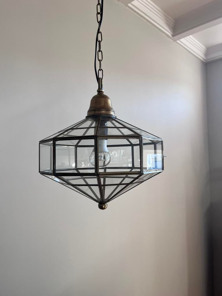 PMTD Hanglamp glas messing 3 stuks, Huis en Inrichting, Ophalen, Zo goed als nieuw, Glas, Minder dan 50 cm