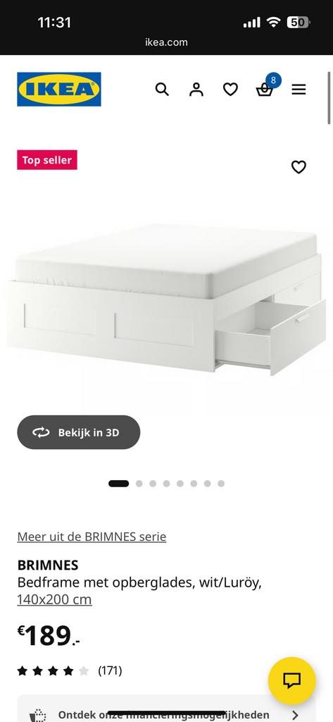 Ikea BRIMNES bed 140x200 met matras, Huis en Inrichting, Ophalen, Wit, Tweepersoons, 140 cm