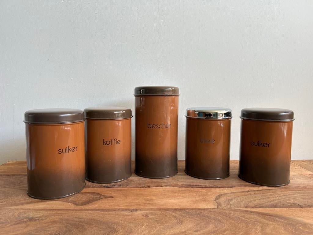 Set van 5 vintage voorraadblikken, Ophalen of Verzenden