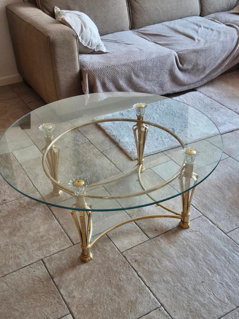 Prachtige Vintage Salontafel met Bladgoud en Glasplaten, Ophalen, 100 tot 150 cm, 50 tot 100 cm, Minder dan 50 cm