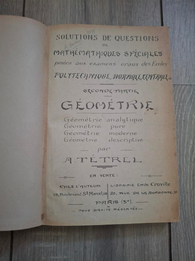 Frans wiskundeboek: Solutions de Questions de Mathématiques, Ophalen of Verzenden, A. Tétrel