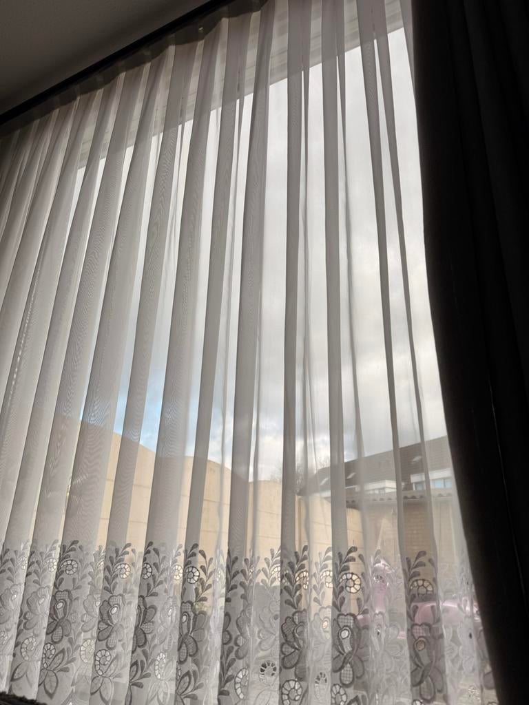 Glasgordijnen met print, 2 stuks, Huis en Inrichting, Ophalen, Gebruikt, Wit, 200 cm of meer