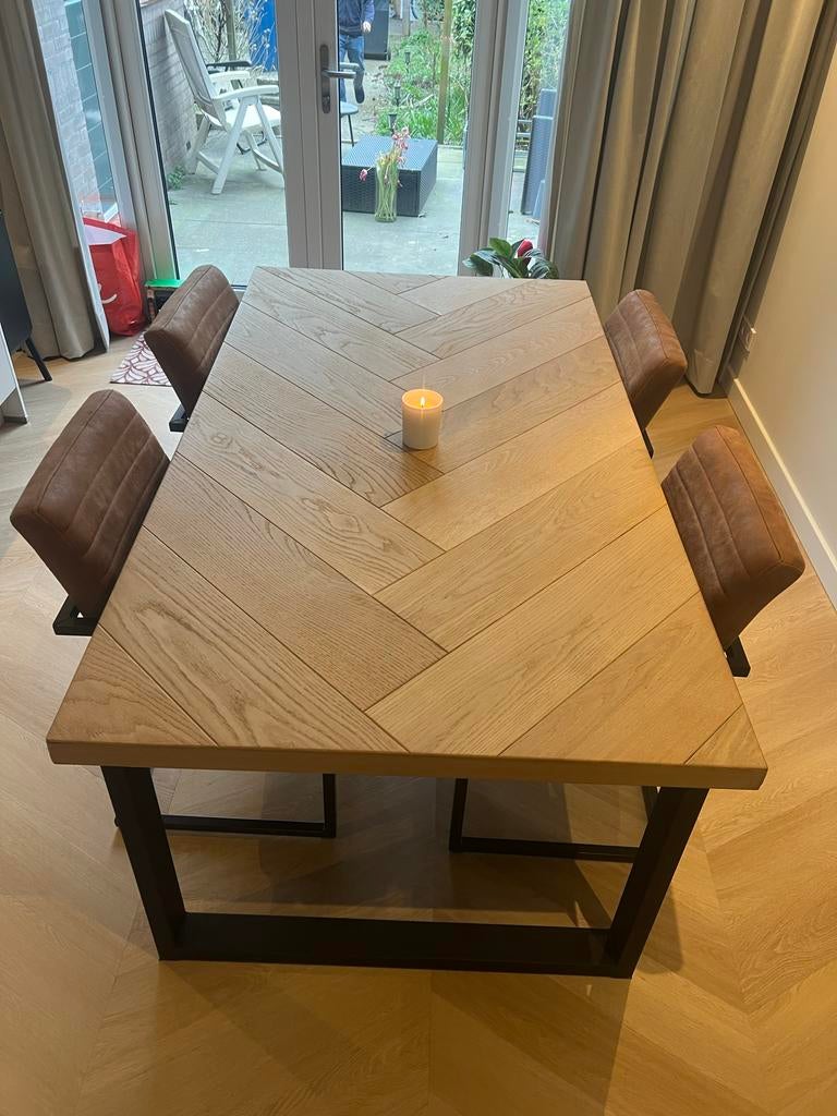 Massief eiken eettafel met stalen poten - 180x100cm, Ophalen, Gebruikt, 100 tot 150 cm, Eikenhout