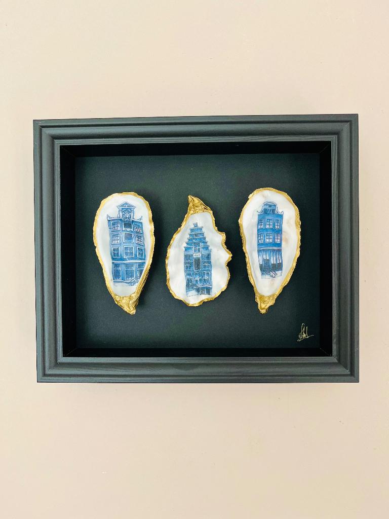 Schilderij met Delfts blauwe huisjes, Antiek en Kunst, Kunst | Schilderijen | Klassiek, Ophalen of Verzenden