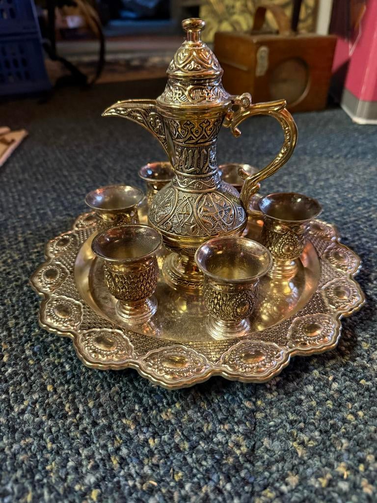 Vintage Turkse (?) Koffieset met Dienblad en Kopjes zamzam, Ophalen of Verzenden, Gebruikt, Hout