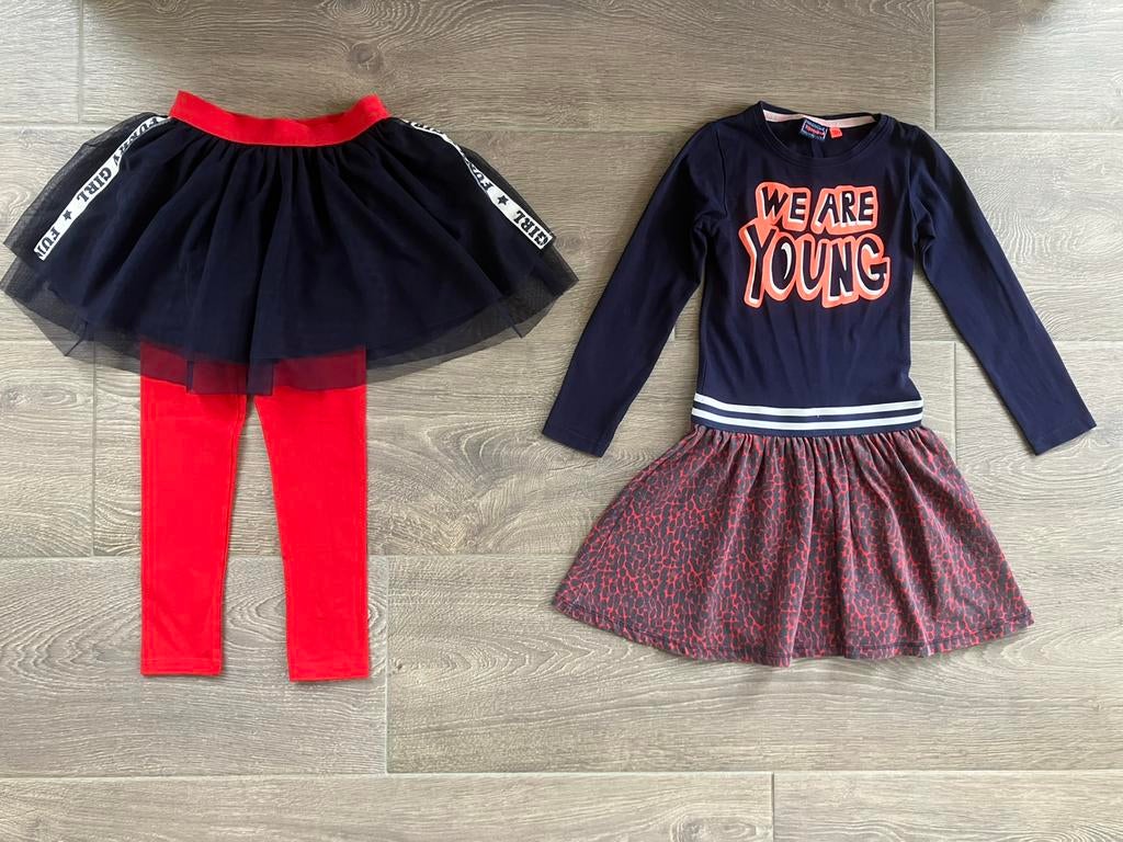 Jurk en rok tom-du 116 122 rode legging, Ophalen of Verzenden, Zo goed als nieuw, Meisje, Jurk of Rok