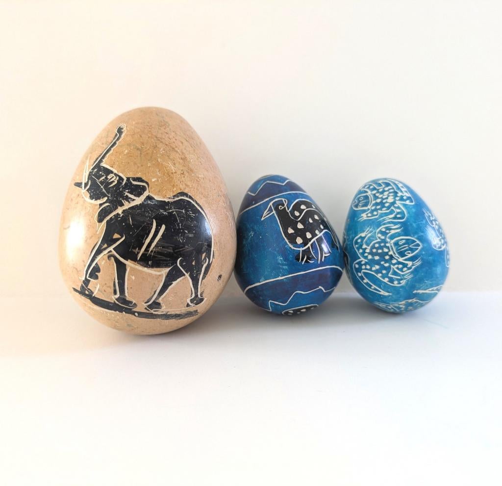 3 Fairtrade kunst eieren van steen, Ophalen of Verzenden