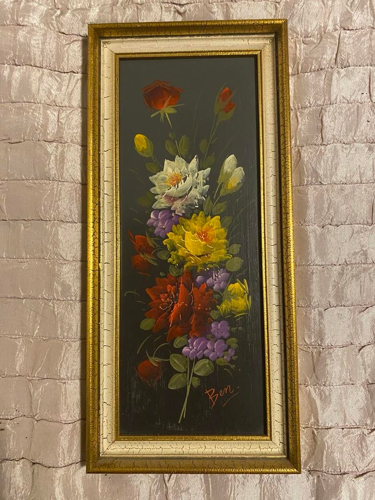 Vintage bloemenschilderij gesigneerd 'Ben' in lijst, Antiek en Kunst, Ophalen of Verzenden