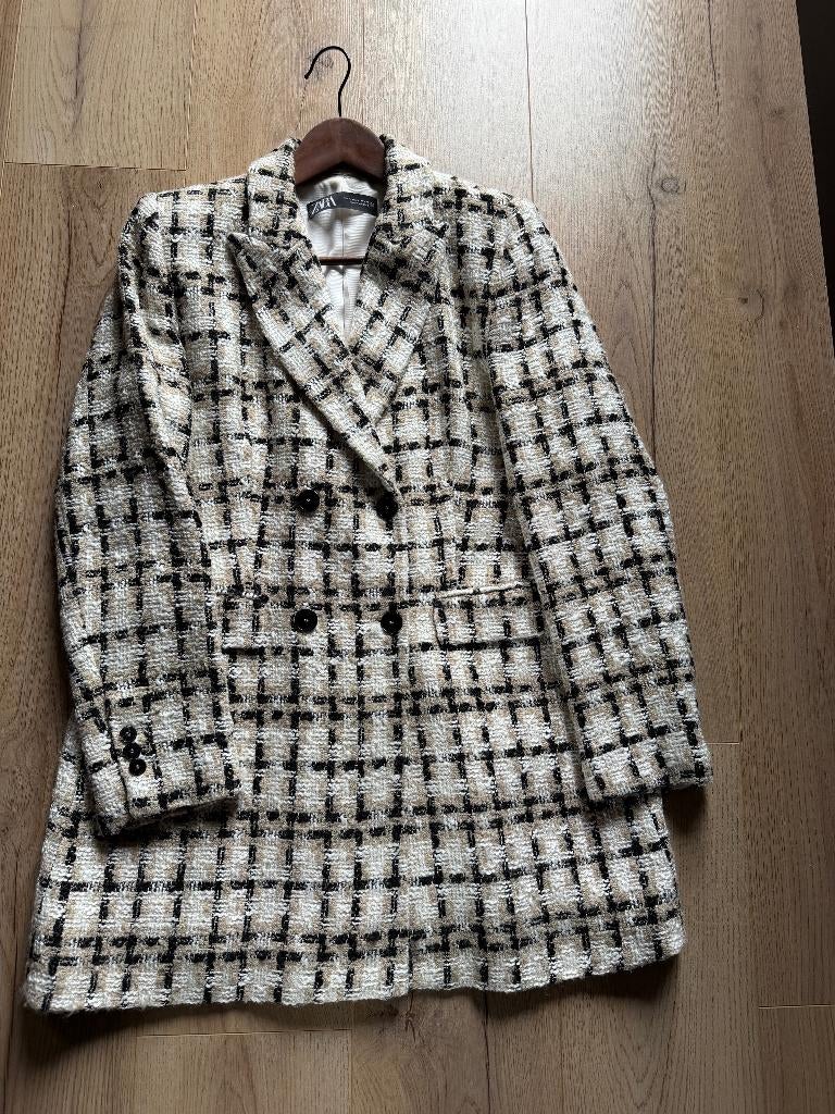Beige zwart ecru boucle blazer Zara. Mt L  , Kleding | Dames, Verzenden, Maat 42/44 (L), Zo goed als nieuw, Jasje