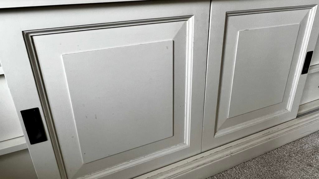 Landelijke TV meubel Ecru met schuifdeuren en  4 laden, Ophalen, Gebruikt, Landelijk, 200 cm of meer