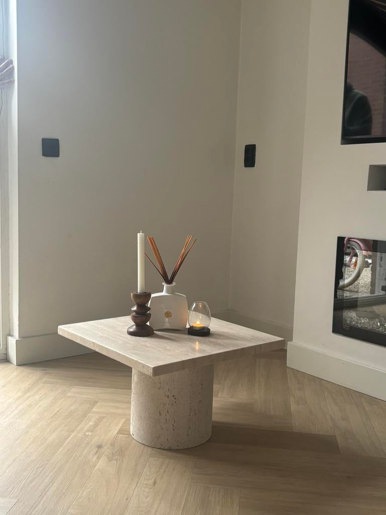 Travertin salontafel, Overige materialen, 100 tot 150 cm, Travertin japandi vintage marmeren nartuursteen, Zo goed als nieuw
