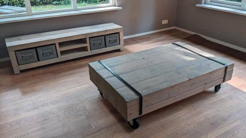 Robuuste houten salontafel en/of tvmeubel - als set of los, Ophalen, Gebruikt, 100 tot 150 cm, 50 tot 100 cm