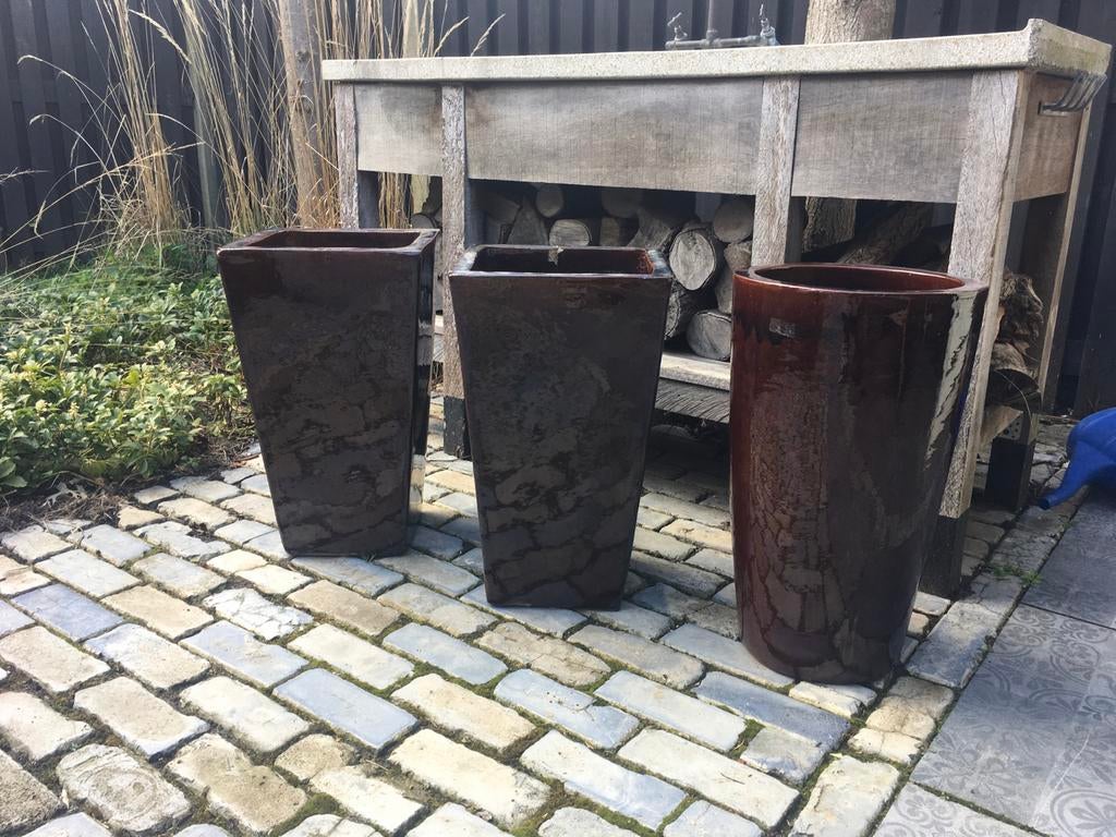Roodbruin/brons geglazuurde keramiek bloempotten, Tuin en Terras, Bloempotten, Gebruikt, Vierkant, Balkon, Aardewerk