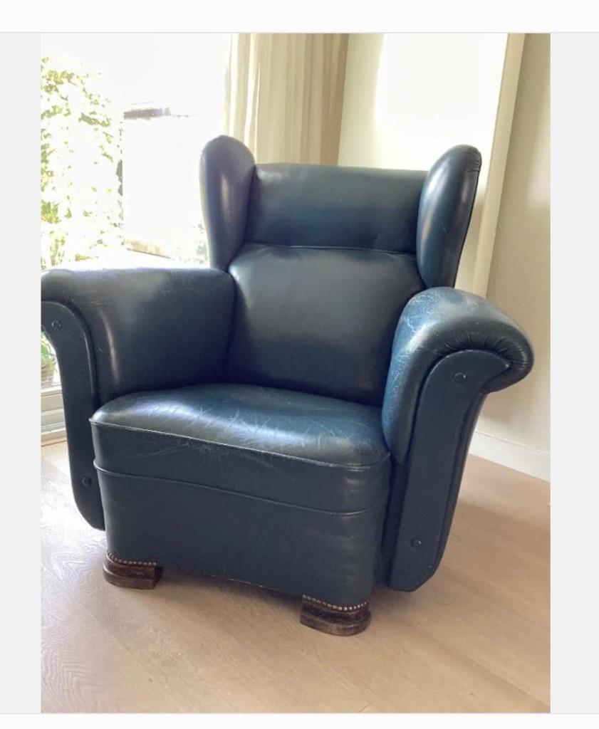 Grote oorfauteuil uit midden vorige eeuw, leer, fauteuil kla, Ophalen, Gebruikt, 75 tot 100 cm, Leer