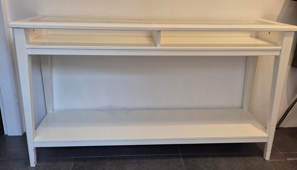 Witte sidetable met glazen plaat 132x36,5x75,5h, Ophalen, 100 tot 150 cm, Glas, Zo goed als nieuw