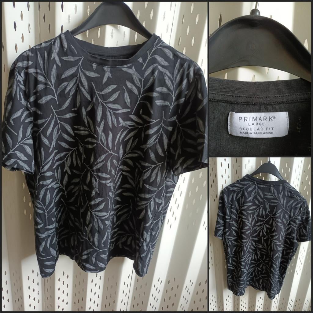 Primark zwart heren T-shirt met grijze bladprint L, Kleding | Heren, Maat 52/54 (L), Zwart, Ophalen of Verzenden, Zo goed als nieuw
