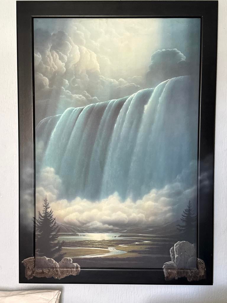 Schilderij met waterval en landschap 70 cm x 100 cm, Antiek en Kunst, Kunst | Schilderijen | Klassiek, Ophalen
