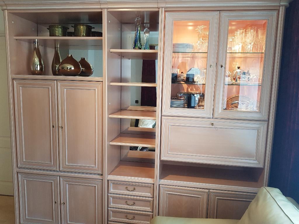 Te koop prachtige WANDMEUBEL-KAST Vitrine BAR TVruimte Lades, Ophalen, 200 cm of meer, Zo goed als nieuw, Glas