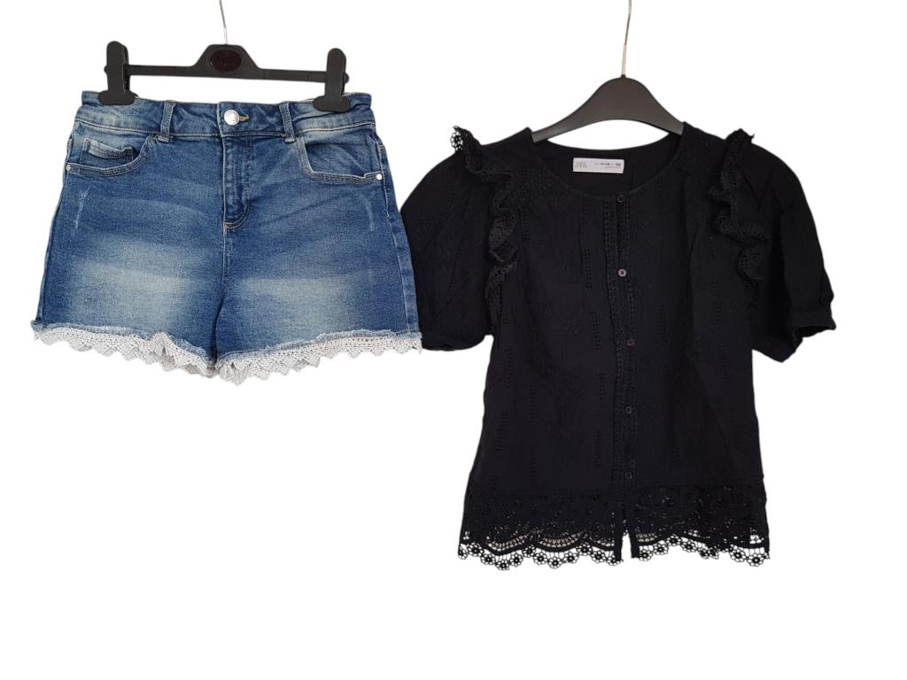 Leuke blauwe stretch jeans short met kanten rand maat 152., Verzenden, Zo goed als nieuw, Meisje, Broek