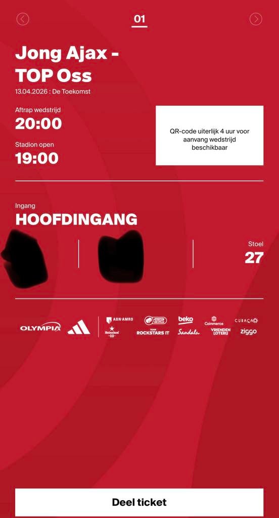 Jong ajax top oss, Seizoenskaart, Eén persoon, April
