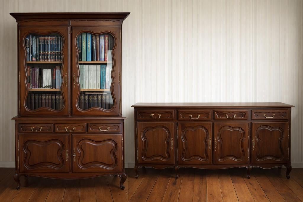 Zware massief notenhouten kastenset (buffetkast + dressoir), Ophalen, Gebruikt, Met deur(en), 200 cm of meer