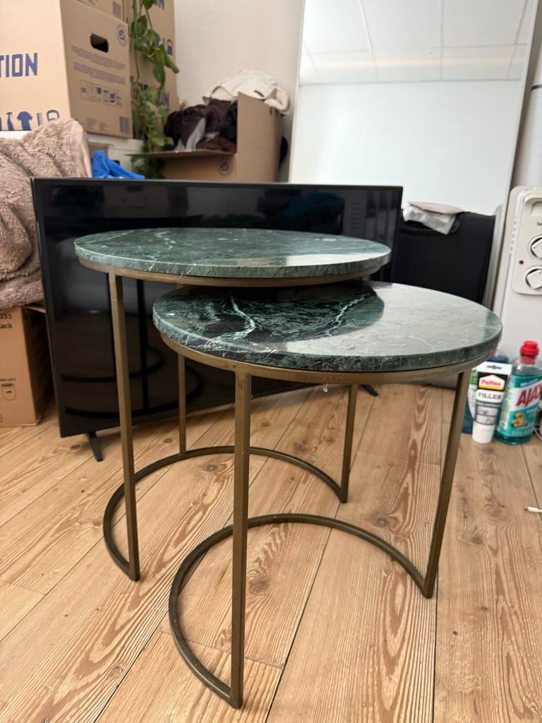Set van 2 marmeren salontafels - Groen marmer, Ophalen, Gebruikt, 50 tot 100 cm, Rond