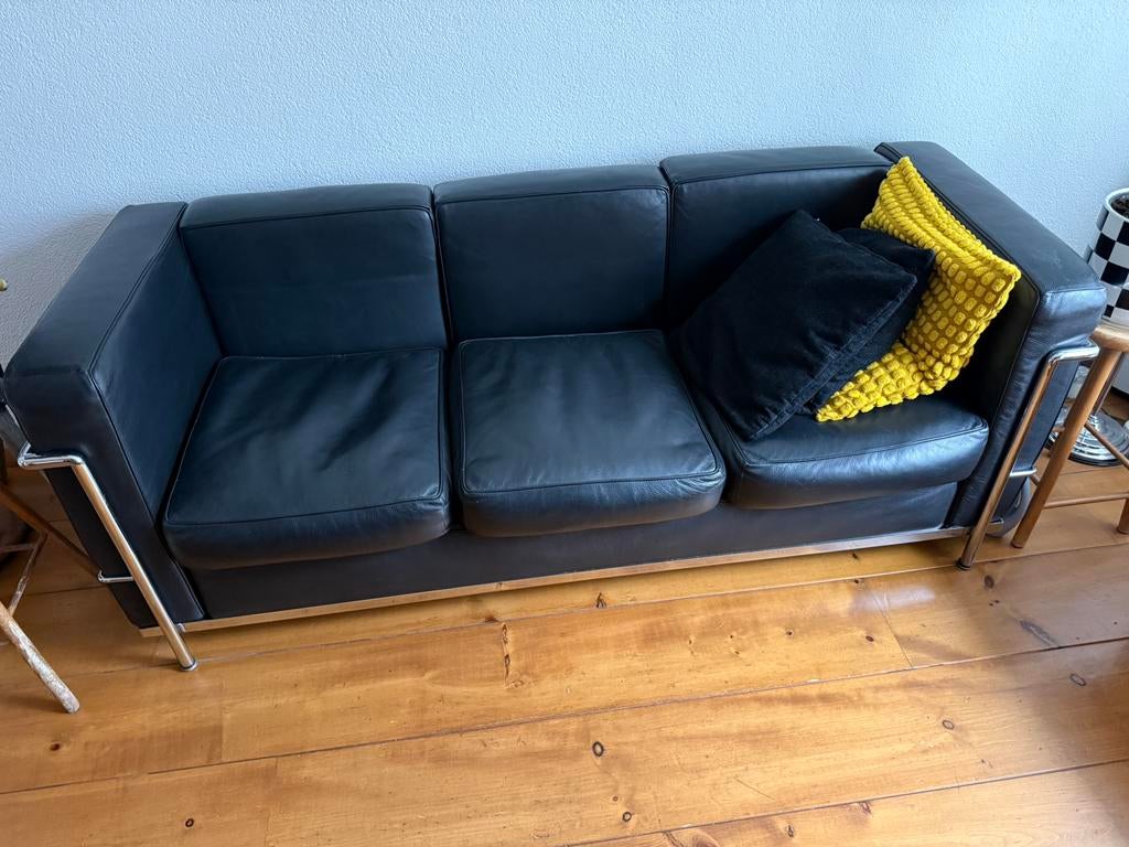 3 Zits Zwart leren bank Le Corbusier Style, Ophalen, Minder dan 75 cm, 150 tot 200 cm, Driepersoons