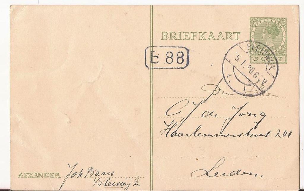 BLEISWIJK 1930 afz Joh. BAARS over (duiven)kooien, Verzenden, 1920 tot 1940, Gelopen, Zuid-Holland