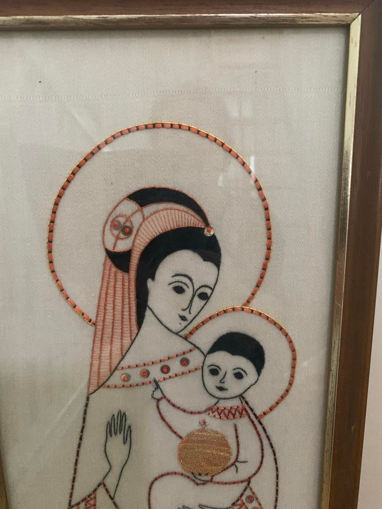 Fijn geborduurd schilderij: Madonna met kind - Handwerk, Antiek en Kunst, Ophalen of Verzenden