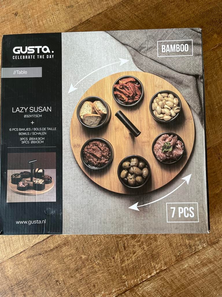 Gusta Lazy Susan bamboe serveerschaal met 6 bakjes, Huis en Inrichting, Overige typen, Hout, Nieuw, Gusta