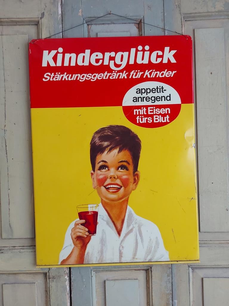 Orgineel oud reclamebord kindergeluk drank ca'1950, Verzamelen, Ophalen, Gebruikt, Reclamebord