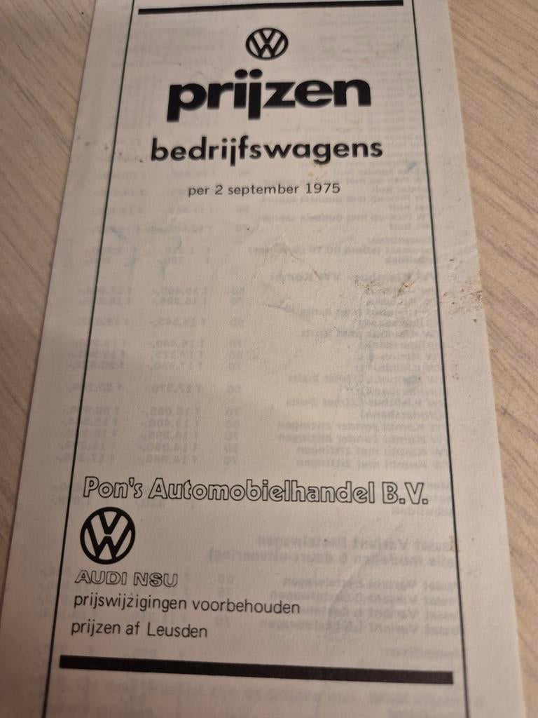 1975 Volkswagen bus T2b transporter prijslijst Nederlands, Ophalen of Verzenden, Zo goed als nieuw, Volkswagen