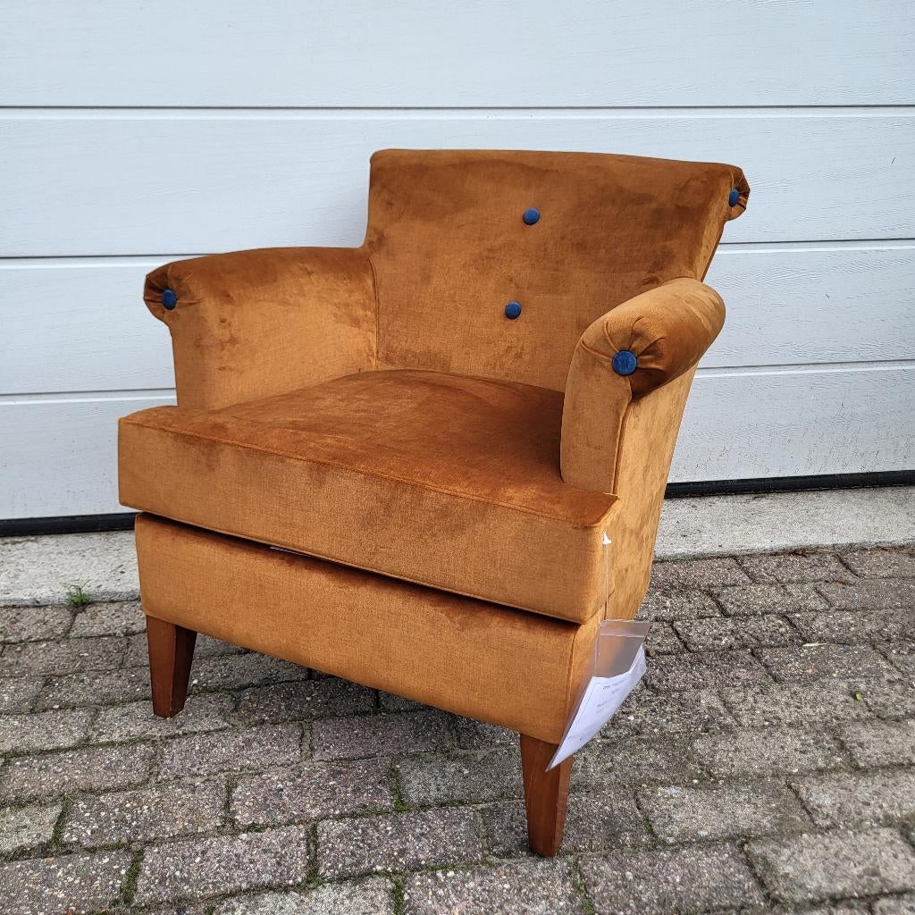 Fauteuil, dames kuipje Chesterfield stijl stof goud velvet, Ophalen, Chesterfield, 75 tot 100 cm, Zo goed als nieuw